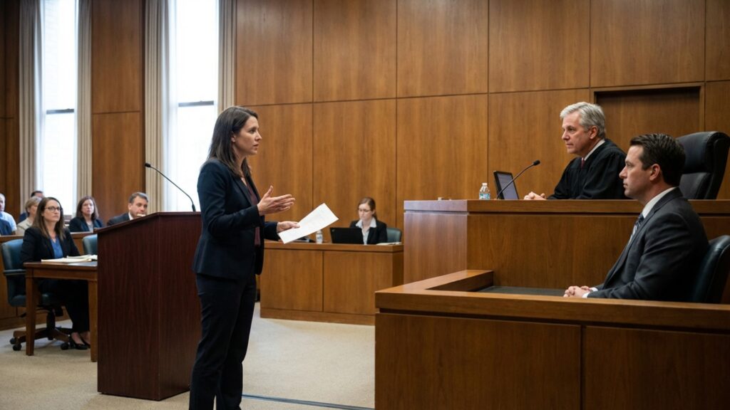 A civil litigation attorney asks questions of a witness during a civil litigation trial.