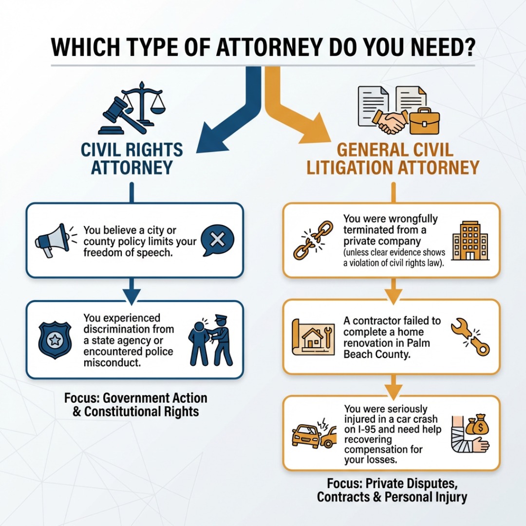 A graphic explaining the difference between a civil litigation attorney and a civil rights attorney.